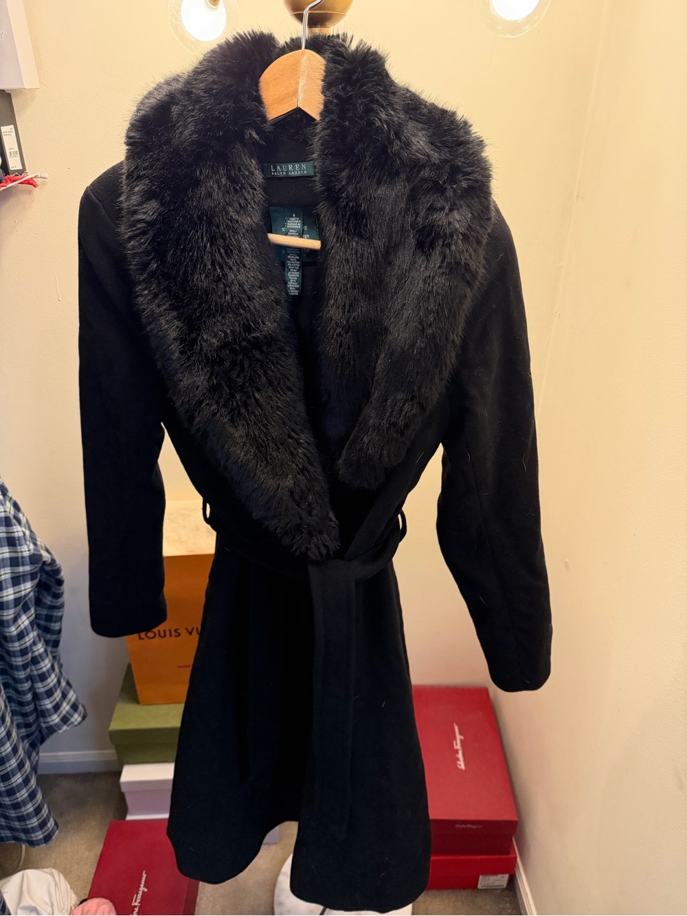 Lauren Ralph Lauren Black Wool Faux Fur Coat